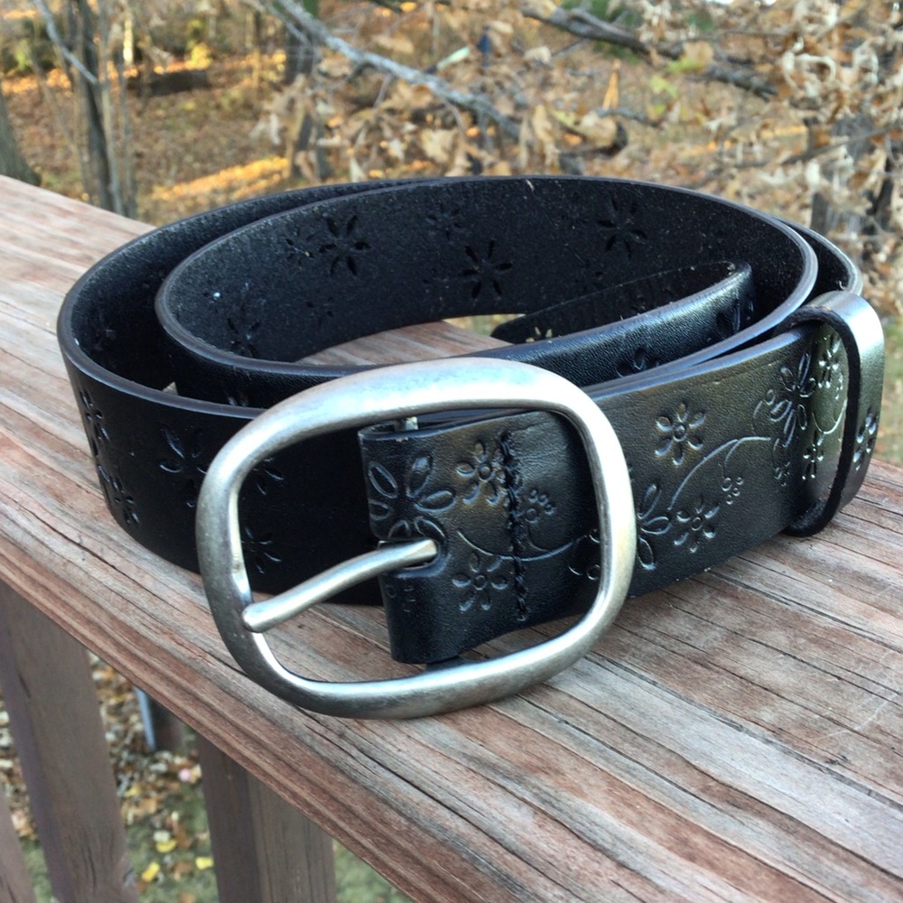 A set of two belts, one black floral belt & one a golden brown belt - Picture 3 of 5